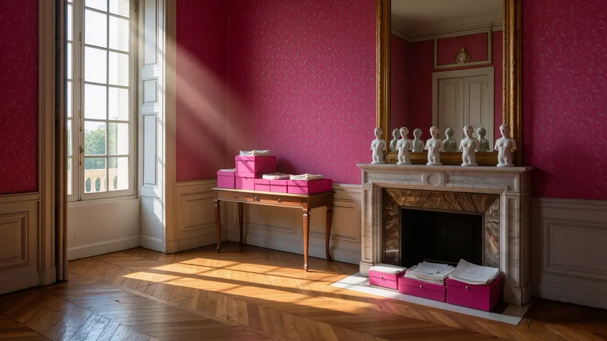 Magenta pink perfume bottles and boxes arranged in a Paris salon