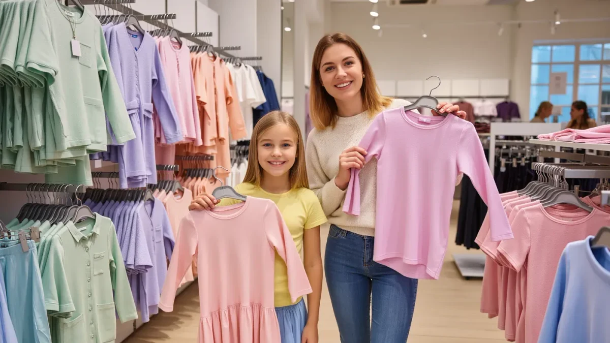 Mother and daughter choosing a holiday outfit in a spring clothing aisle