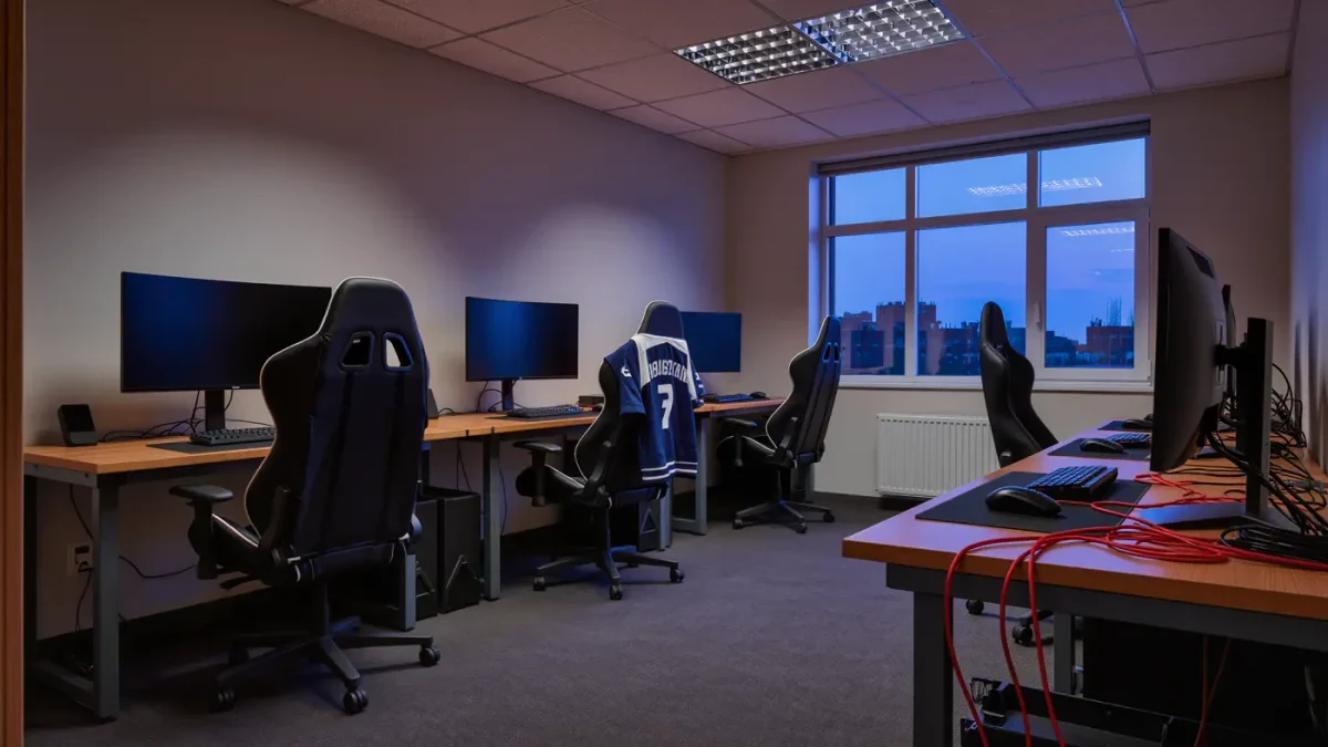 Empty team practice room with gaming chairs and dark monitors