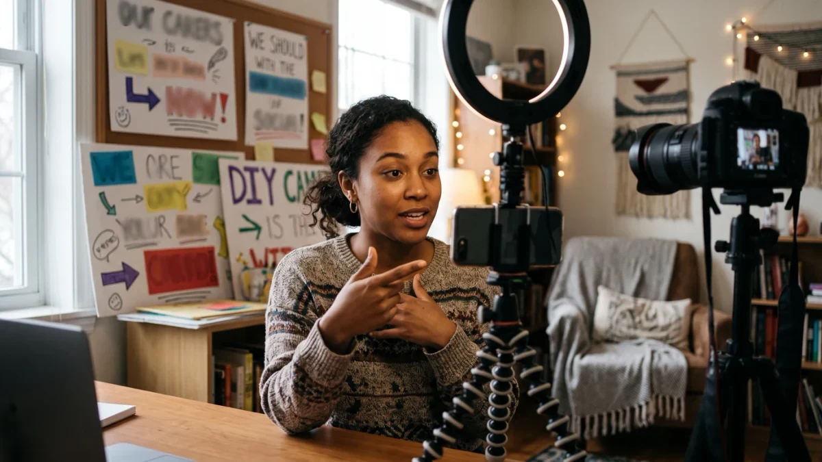 Ring-lit creator filming a campaign-style video at home