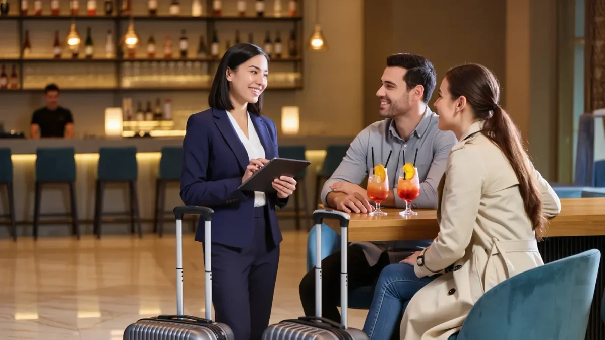 Hotel staffer checking in guests at lobby bar