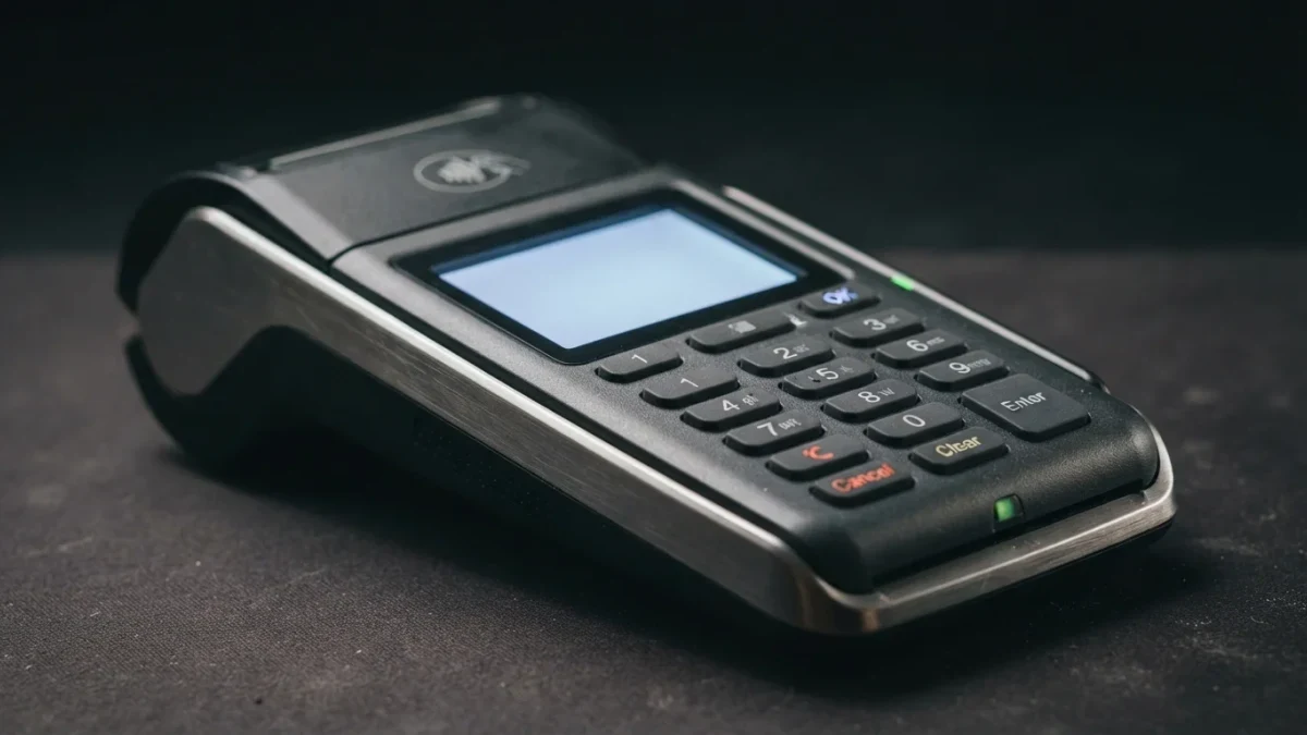 Macro close-up of a charcoal point-of-sale terminal glowing softly