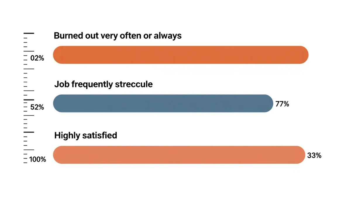 Bar chart comparing burnout, stress and satisfaction survey percentages