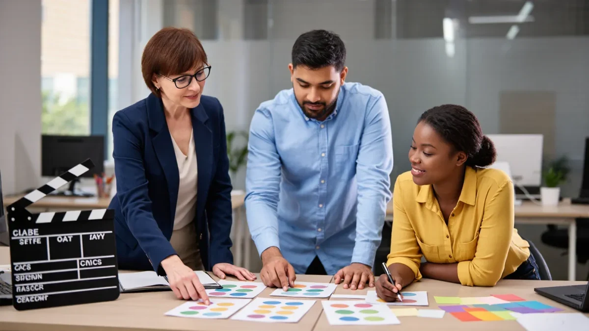Film producers reviewing project materials in a modern production office