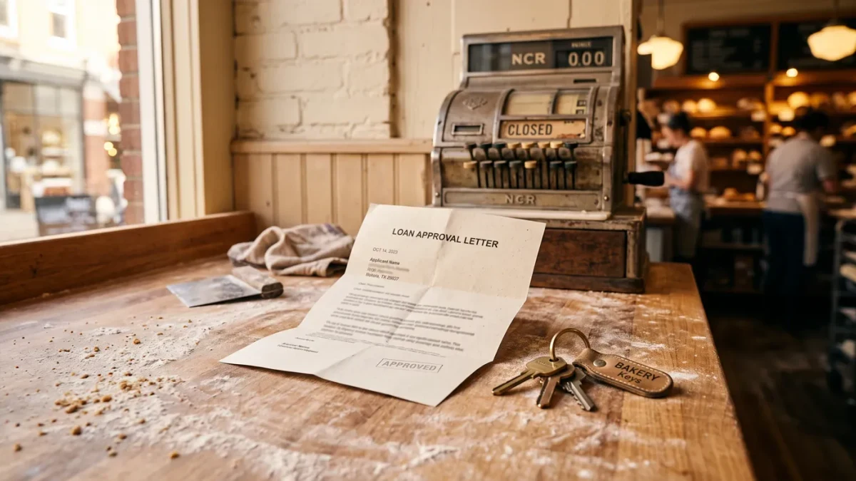 Close-up of loan documents and keys on a small-bakery counter