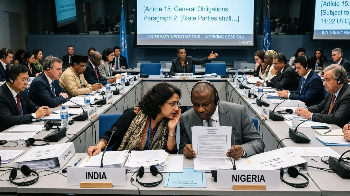 Delegates in working session over treaty drafts at a wide conference table