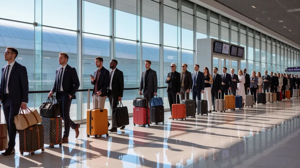 Crowded airport departure gate with garment bags and industry travelers during fashion week
