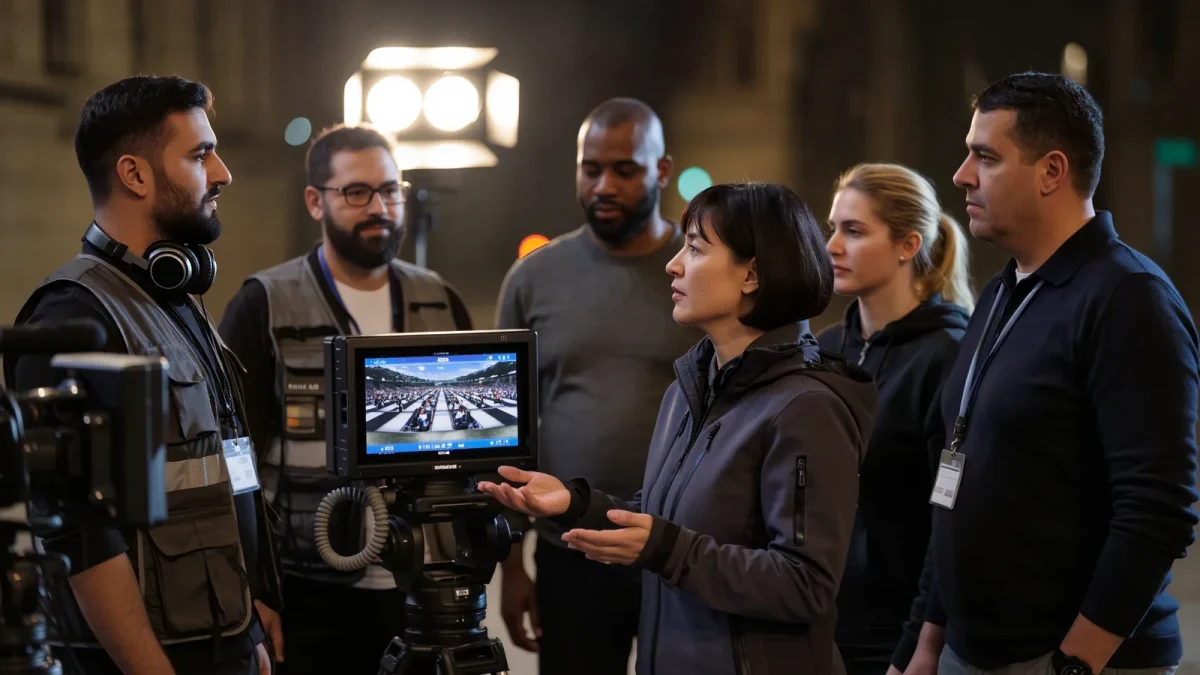 A diverse television crew reviewing playback during a night shoot