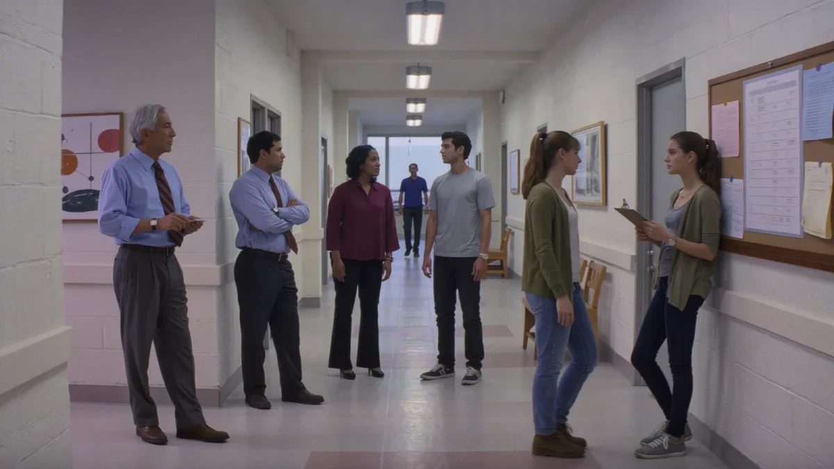 TV writers waiting between production cycles in an office hallway