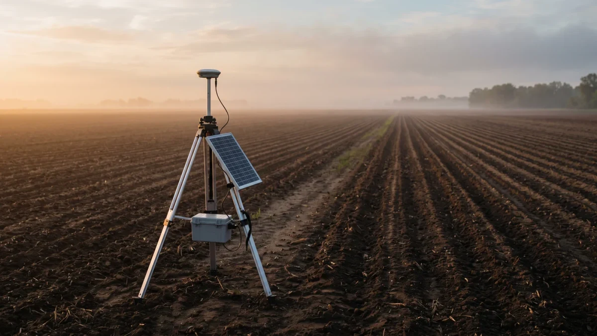RTK GPS base station antenna standing at the edge of a field