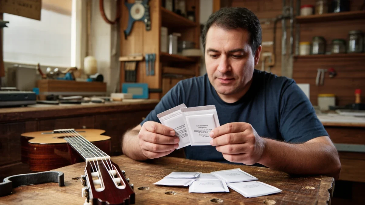 Player comparing nylon string sets at a workbench with calipers