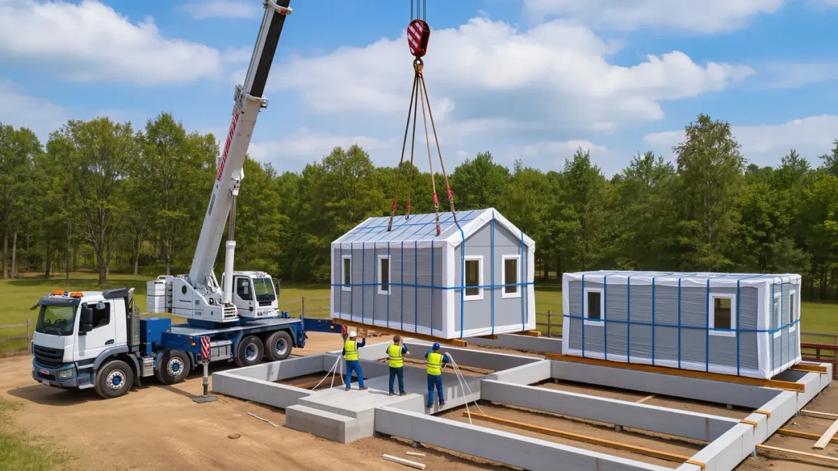 Cane lifting house module onto foundation at site