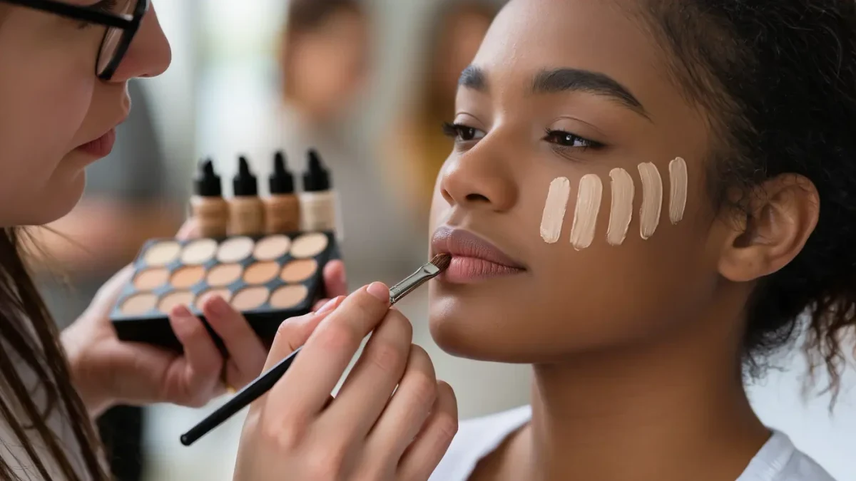Makeup artist swatching foundation stripes along a client's jawline in daylight
