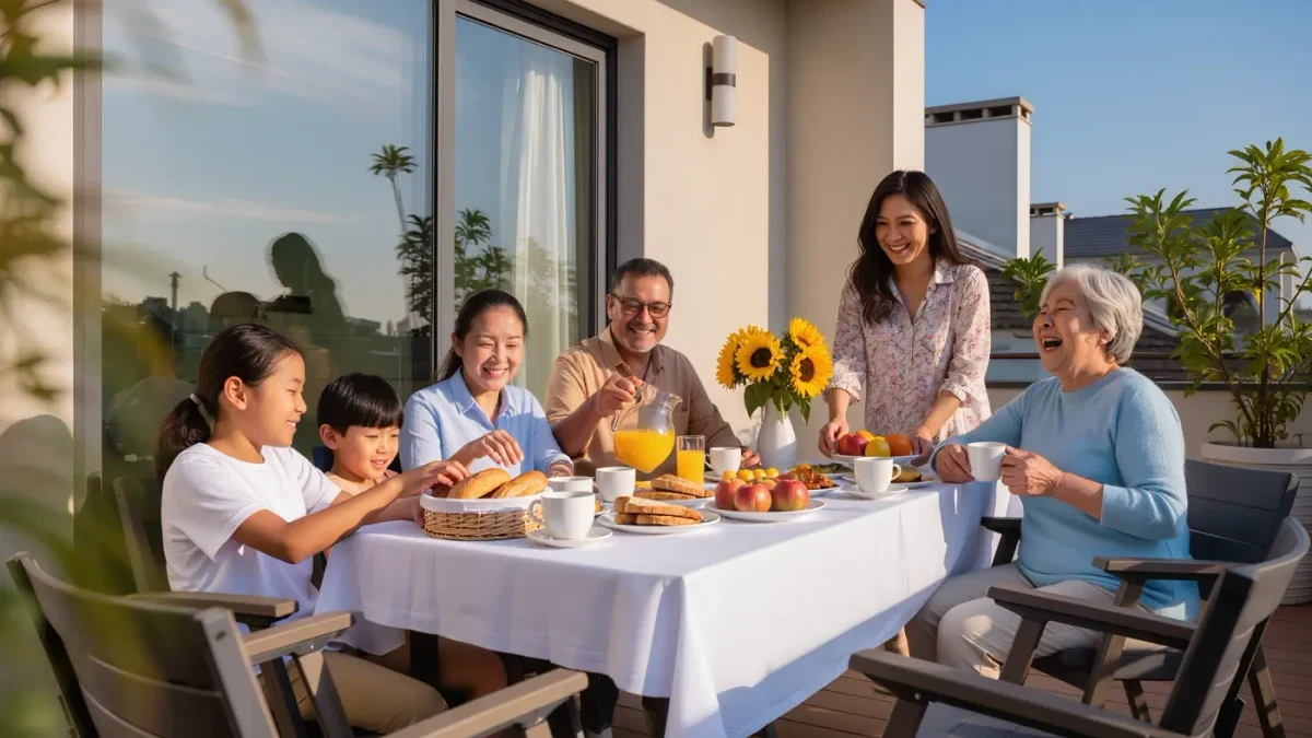 Family sharing Sunday breakfast on a sunny apartment balcony