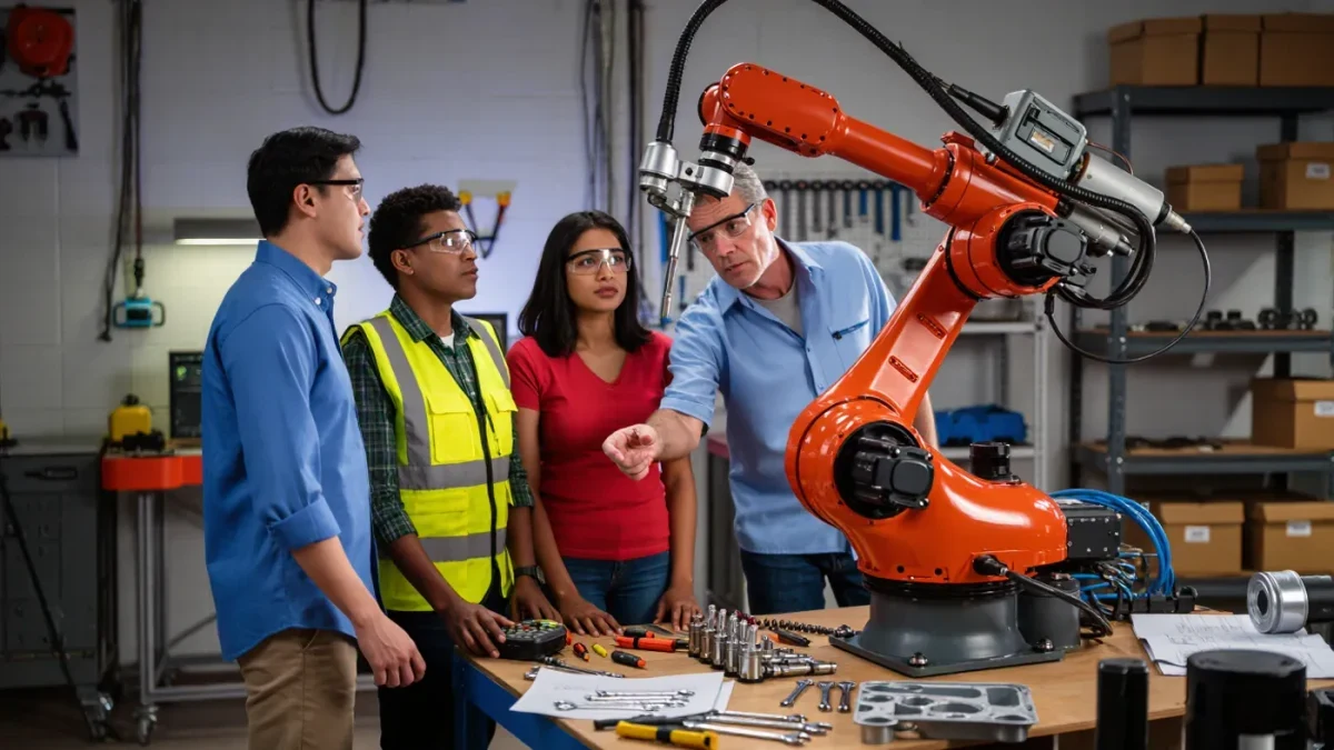 Community college students working around a robotics training cell