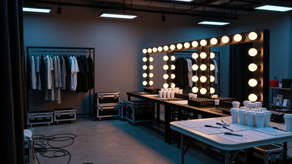 Backstage crew preparing a performer before a public appearance