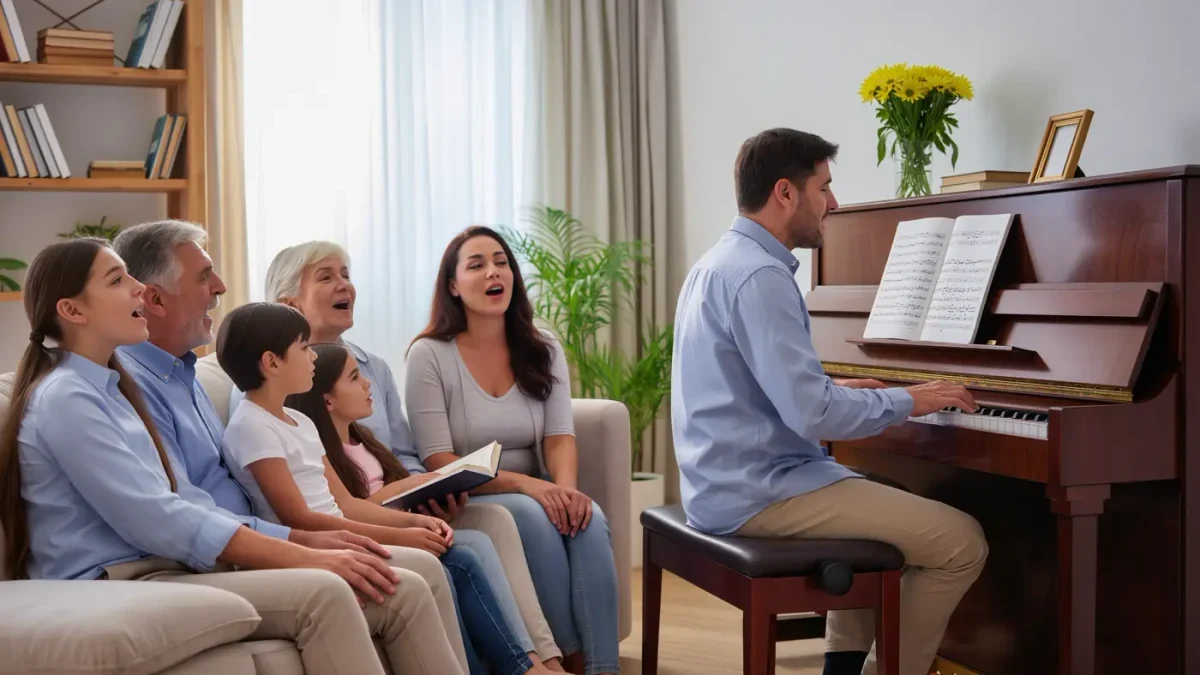 Family singing together from a hymnbook at home
