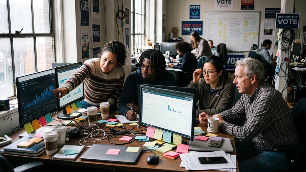 Campaign staff reviewing advertising dashboards in a small office