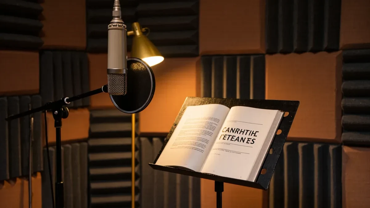 Narration booth with open book, condenser microphone and acoustic foam in warm light