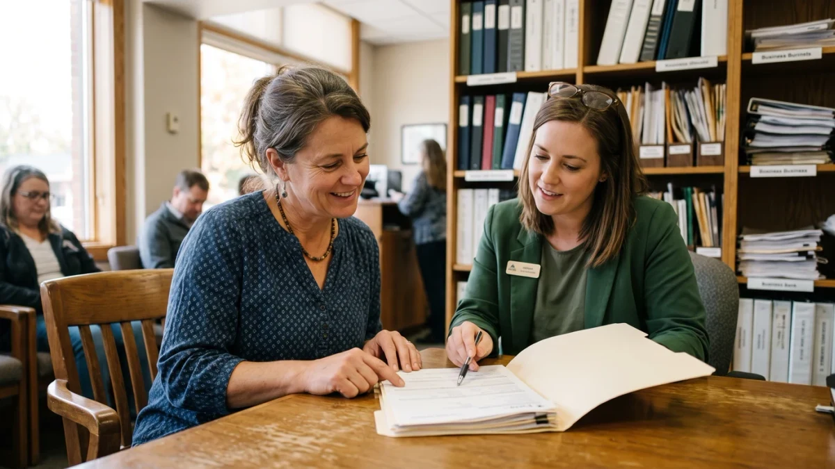 Small business owner reviewing loan application with bank officer