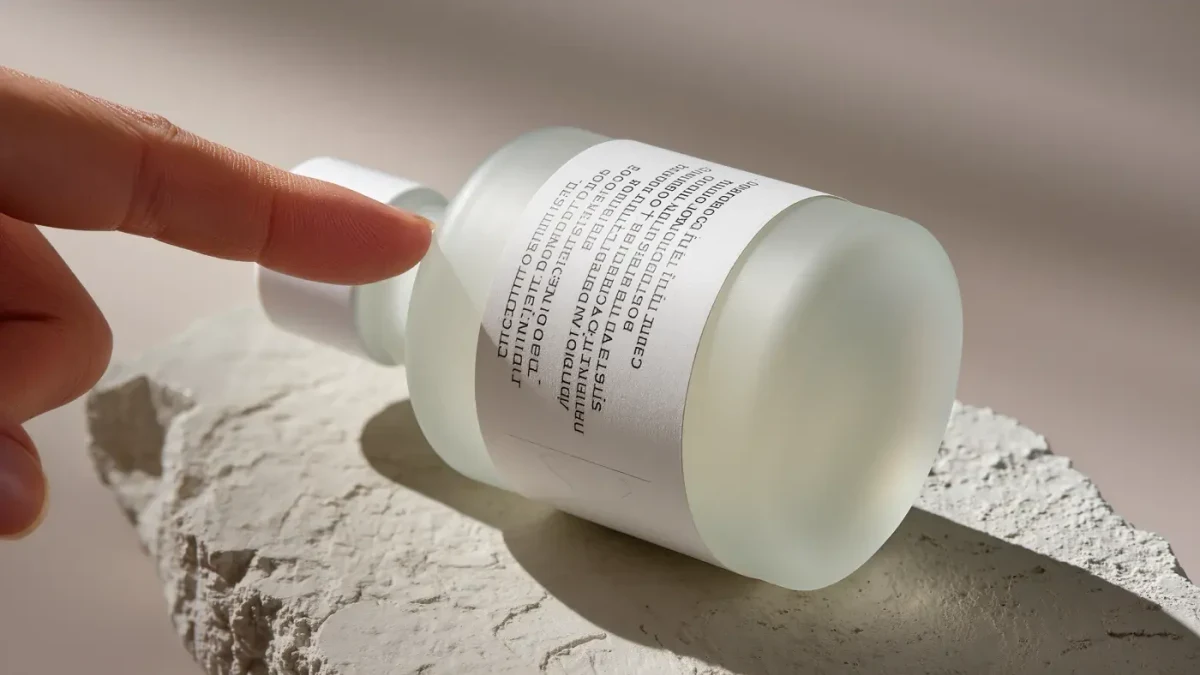 Back of an unlabeled skincare bottle showing a fine-print ingredient list