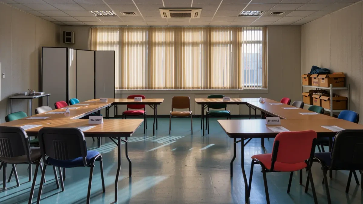 Empty community-center meeting room before a board meeting