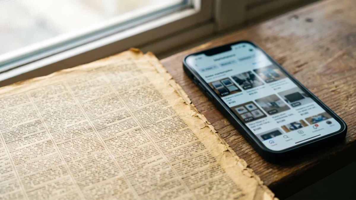 Open newspaper classifieds page beside a smartphone marketplace