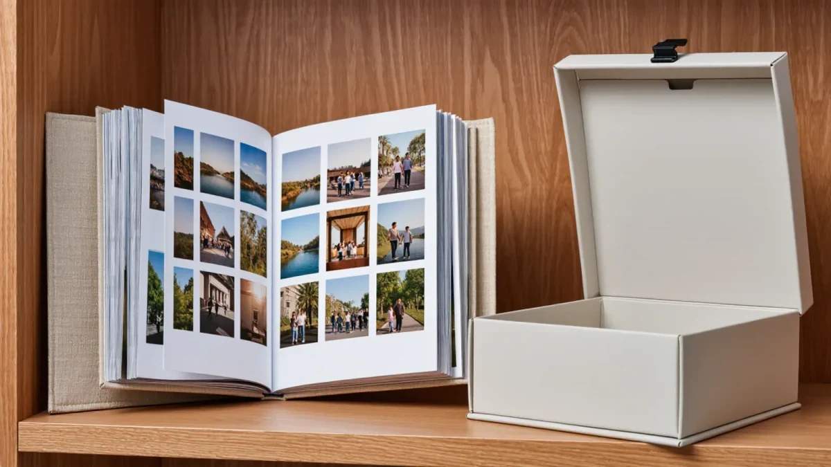 Open photo album with printed snapshots on wooden shelf