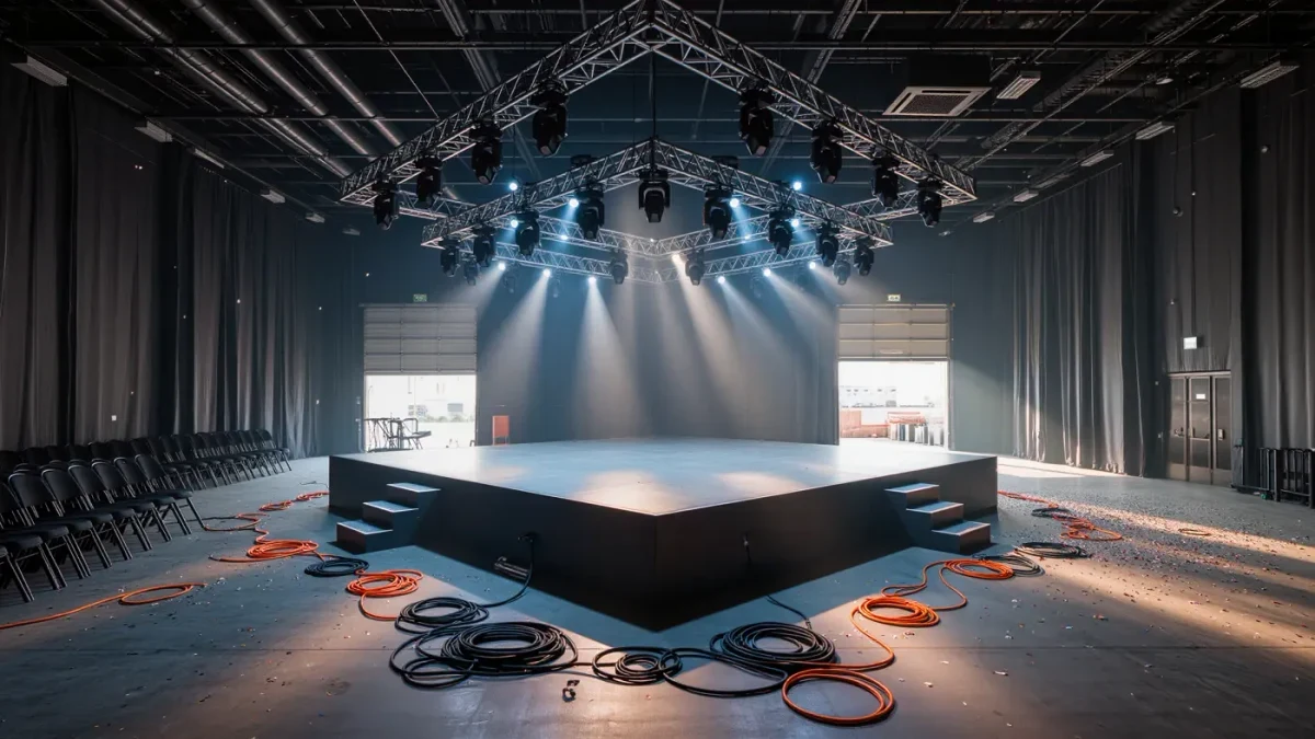 Off-season arena hall with idle stage rigging in morning light