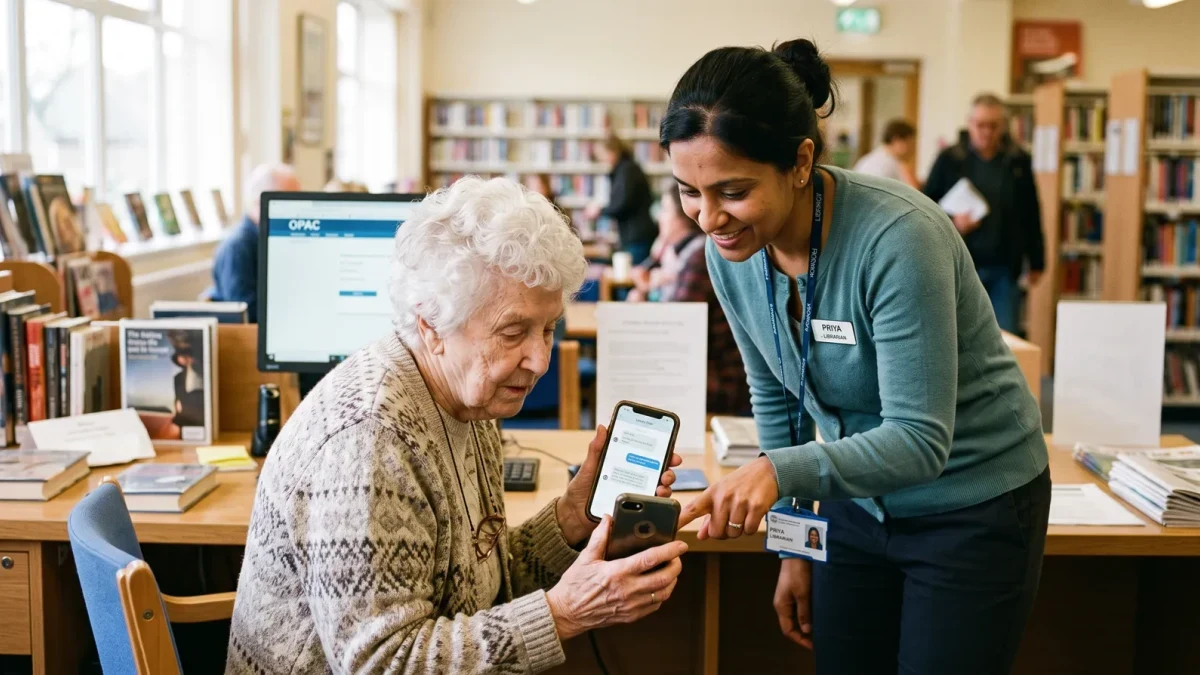 Resident using a public service chatbot on a phone at a library desk