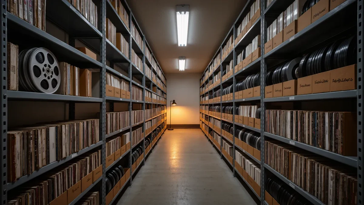 Shelves of archived broadcast tape reels in a archive room
