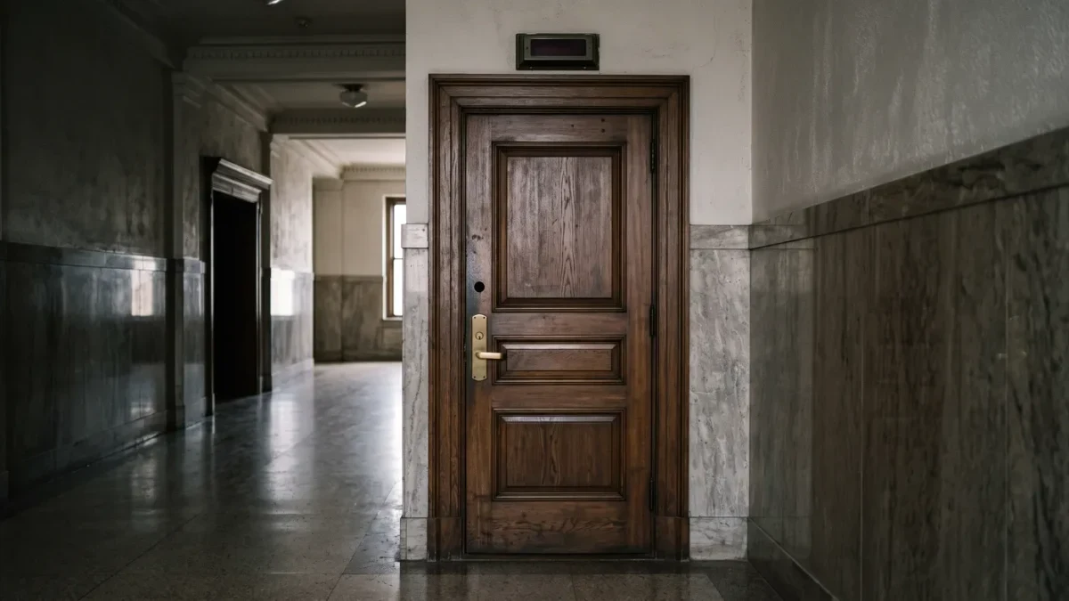 Wooden grand jury room door with brass handle