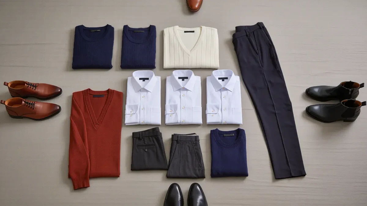 Flat lay of a 30-piece neutral capsule wardrobe on warm gray linen