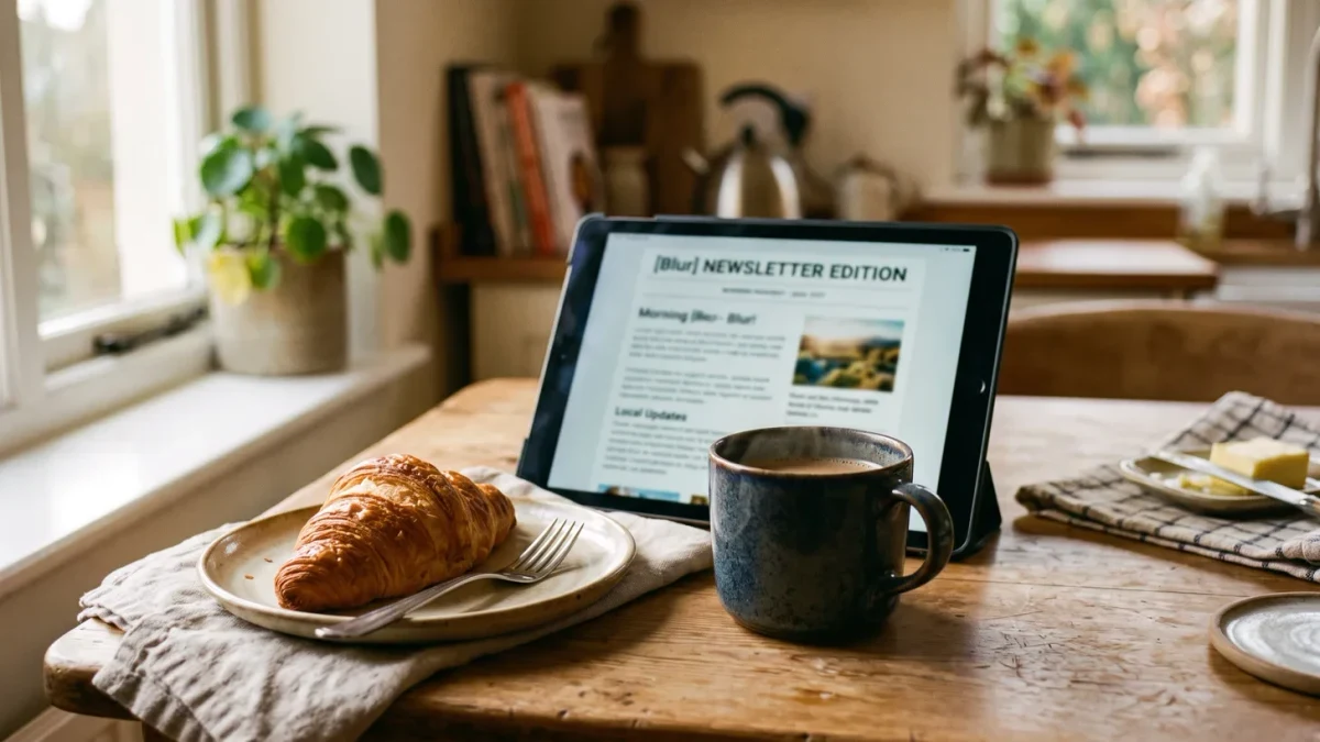 Morning coffee and tablet showing a newsletter edition