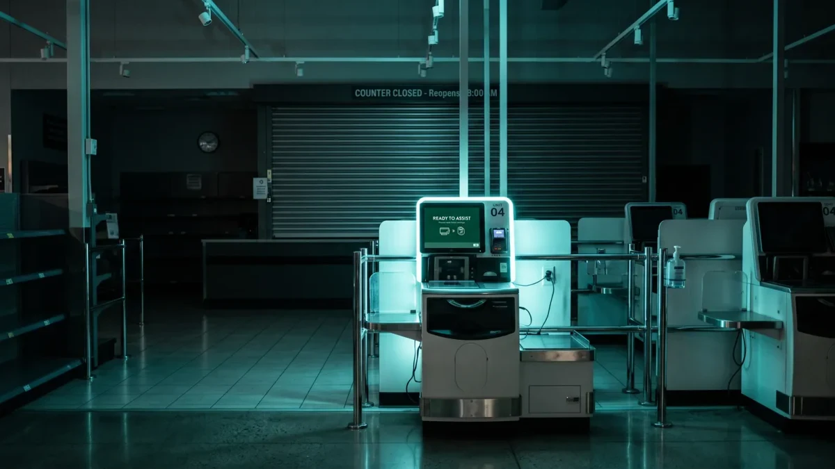 Glowing self-checkout aisle in an empty store, staffed counter shuttered