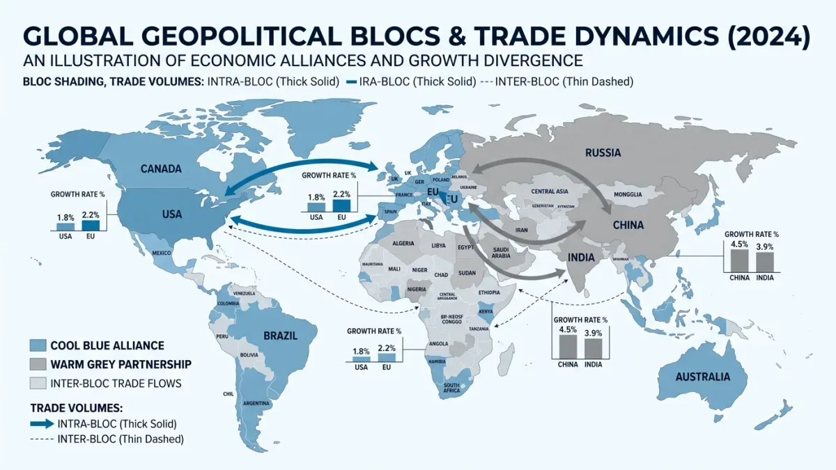 Infographic of trade flows thickening within blocs and thinning between