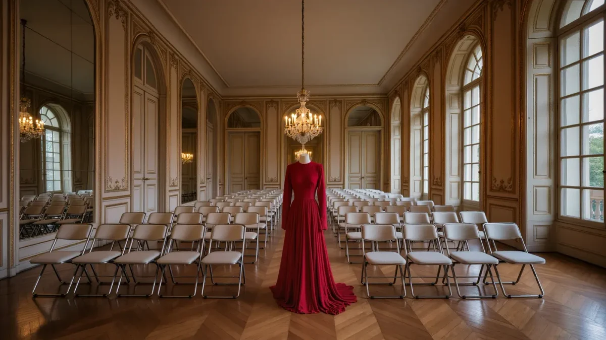Empty grand couture salon with a single draped gown under a chandelier of low light