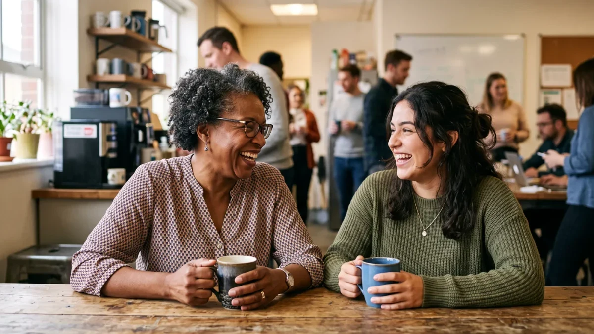 Two coworkers laughing over coffee in an office kitchen