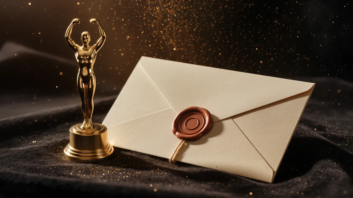 Close-up of a gilded statuette beside a glowing premiere invitation envelope