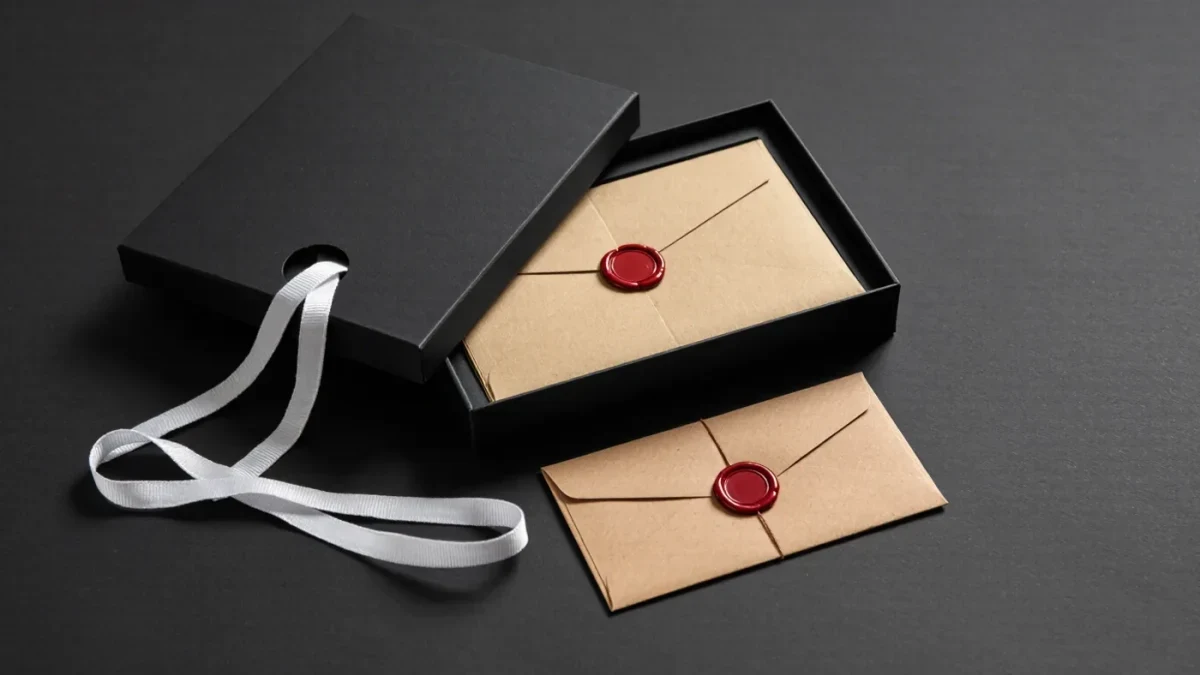 Close-up of an unmarked press kit box with a sealed folder and lanyard