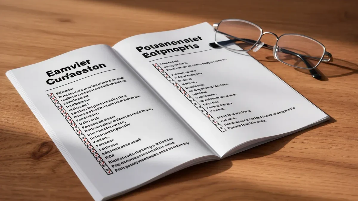 Close-up of a bilingual voter pamphlet on a wooden table