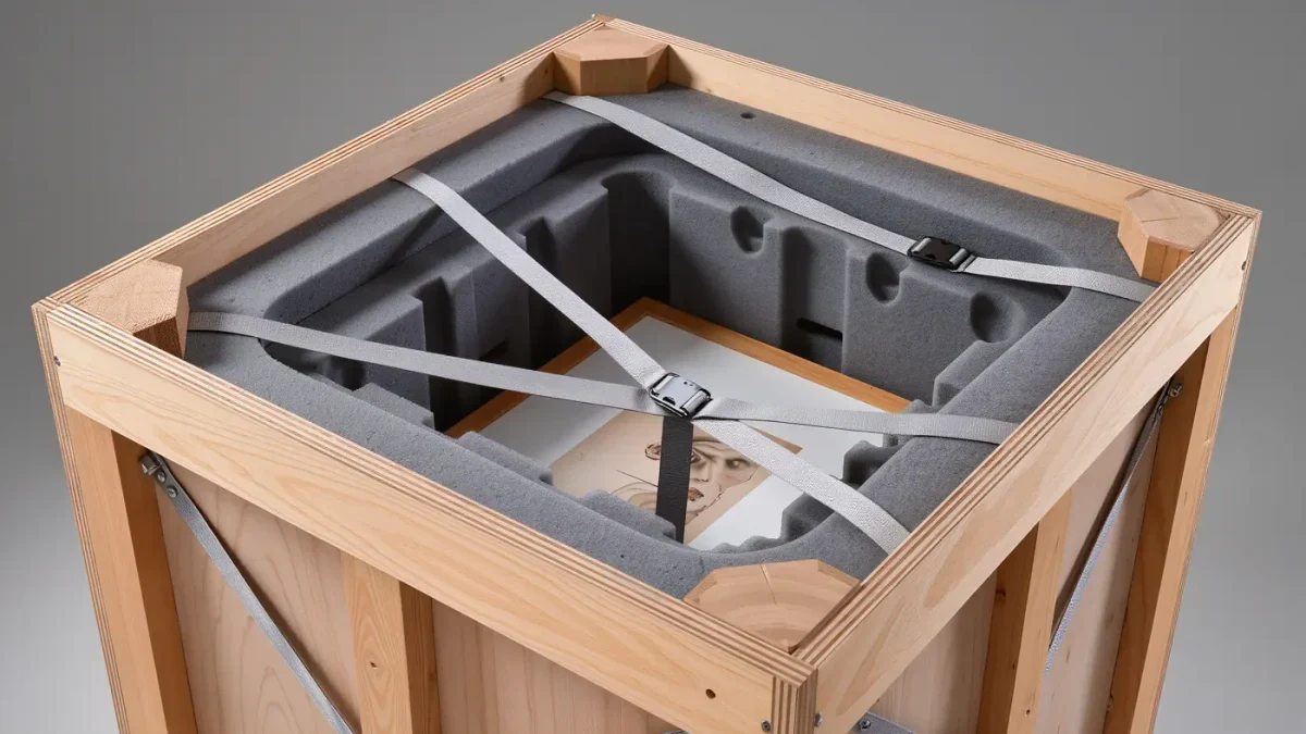 Close-up of sculpted foam padding inside an open museum shipping crate