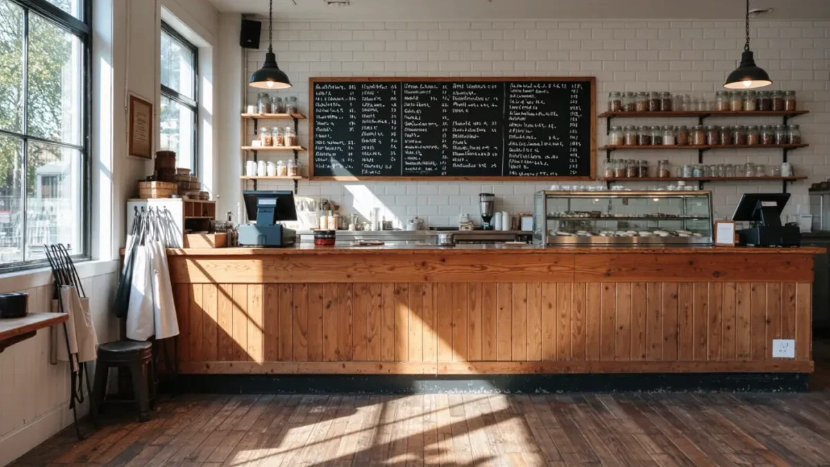 Empty neighborhood cafe counter in soft morning light before opening