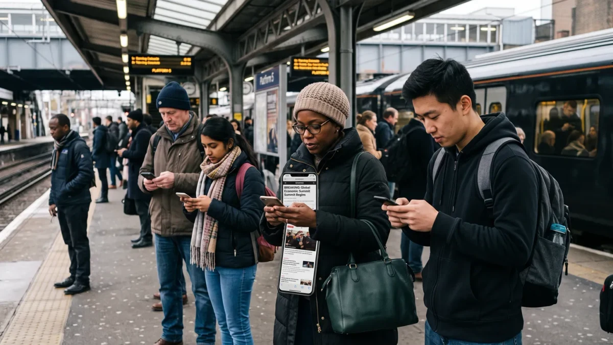 Commuters reading news on phones on a morning train platform
