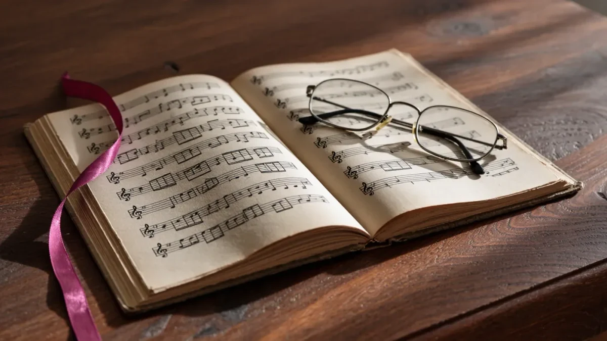 Open miniature study score on a desk beside folded glasses
