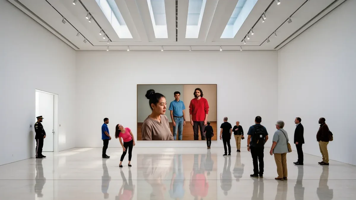 Visitors quietly viewing a lone canvas in a white gallery room