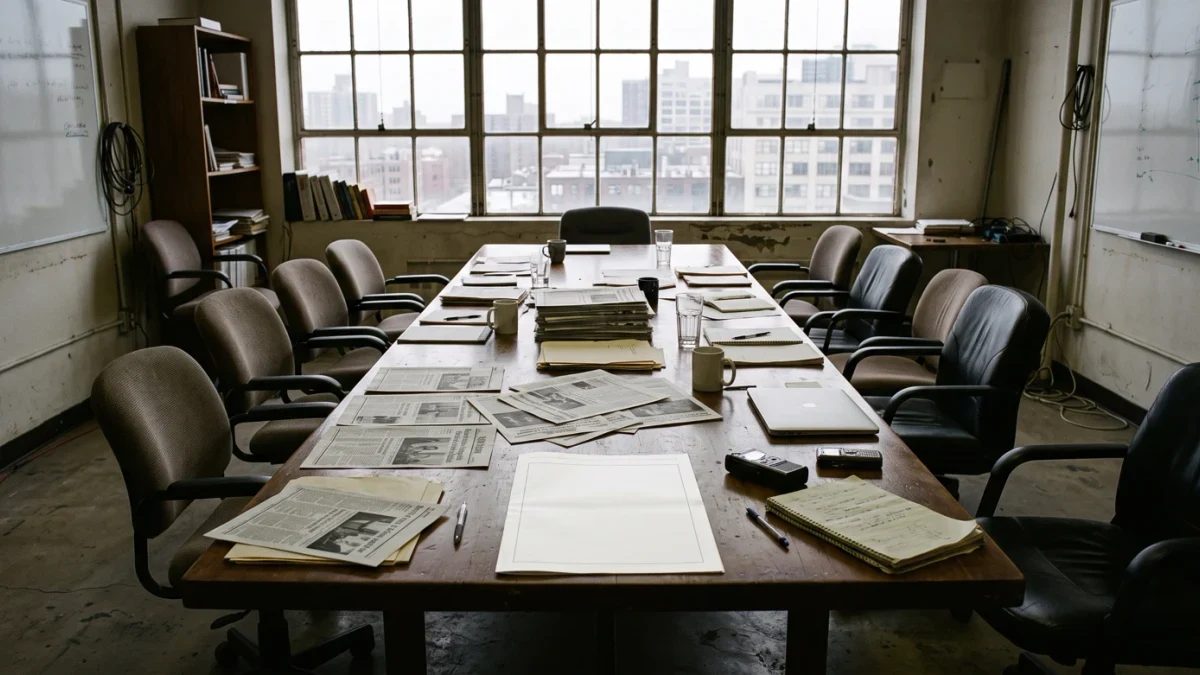 Empty editorial boardroom with a blank opinion page proof