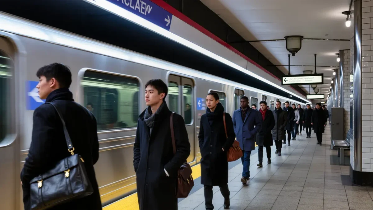 Commuters with structured leather handbags waiting on a subway platform in winter coats