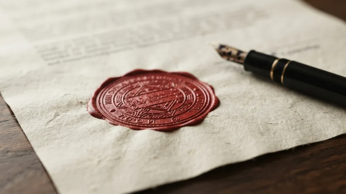 Close-up of an embossed corporate seal on a lending agreement