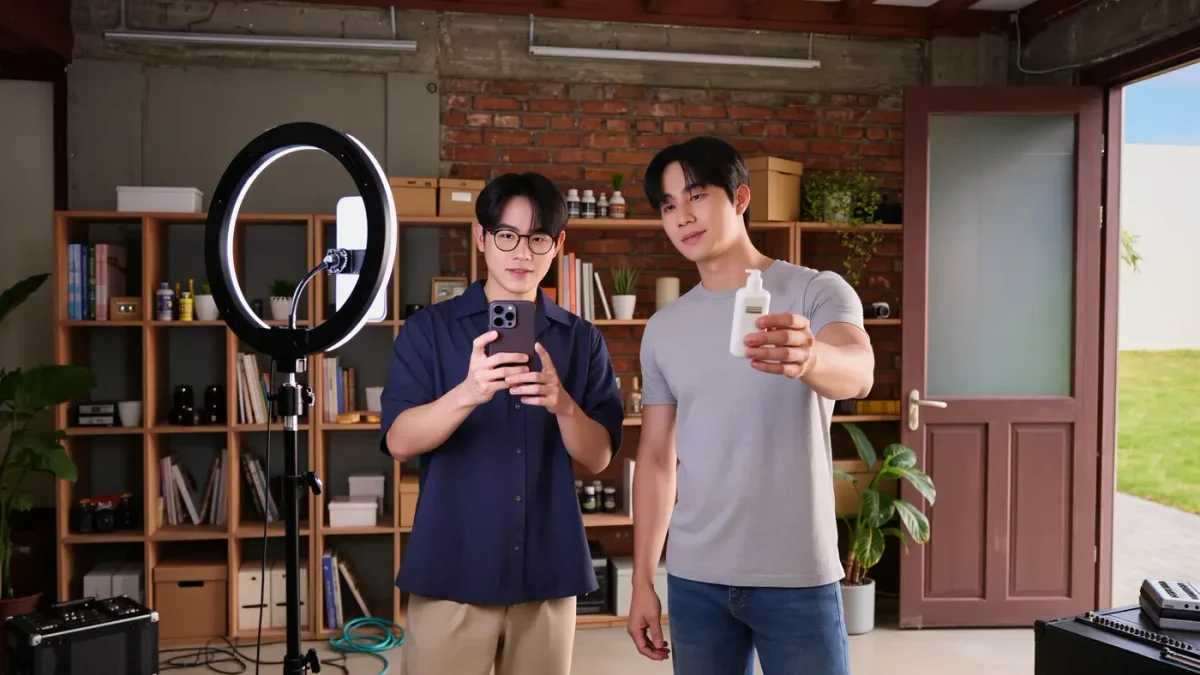 Two creators filming a product recommendation video in a studio